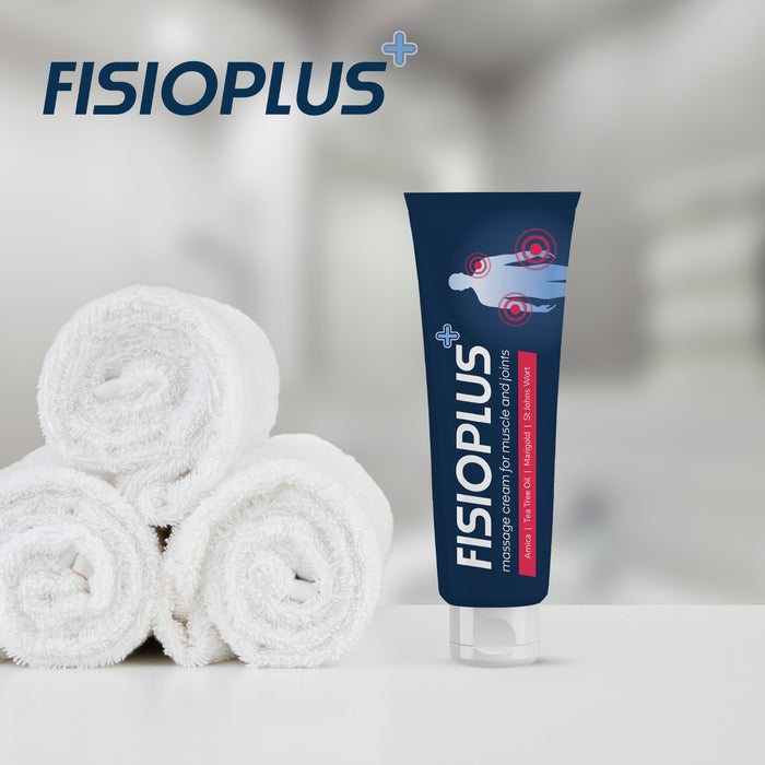 Fisioplus next to rolled up massage towels