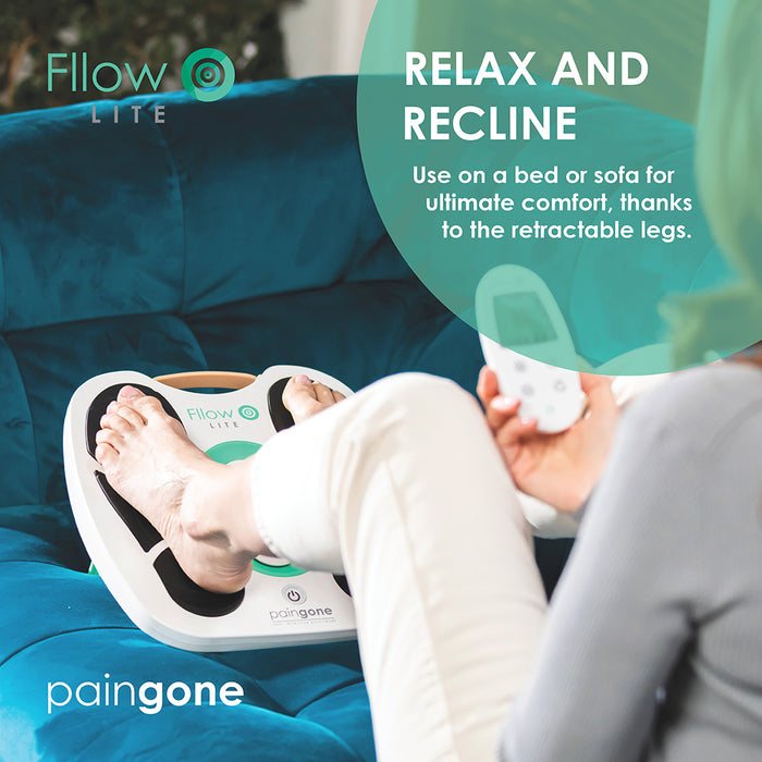 Woman using circulation device whilst relaxing